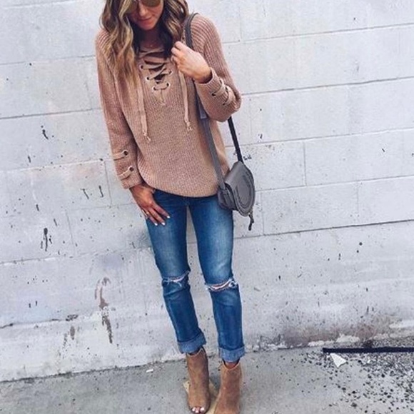 Lace Up Cozy Tan~Taupe Sweater - Picture 3 of 10